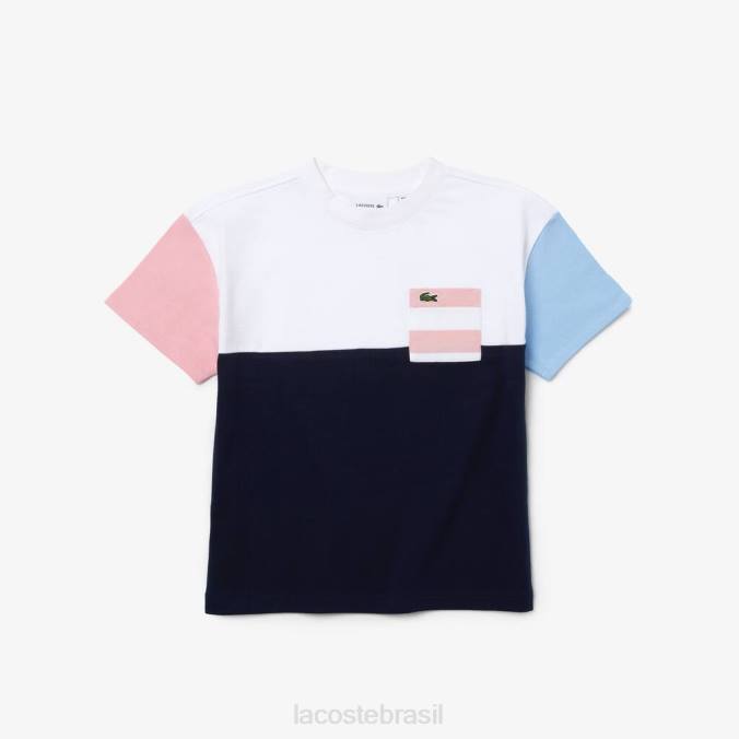Lacoste crianças Camiseta de algodão com gola redonda e bolso colorido azul marinho/branco/azul/rosa P2PX3179 roupas