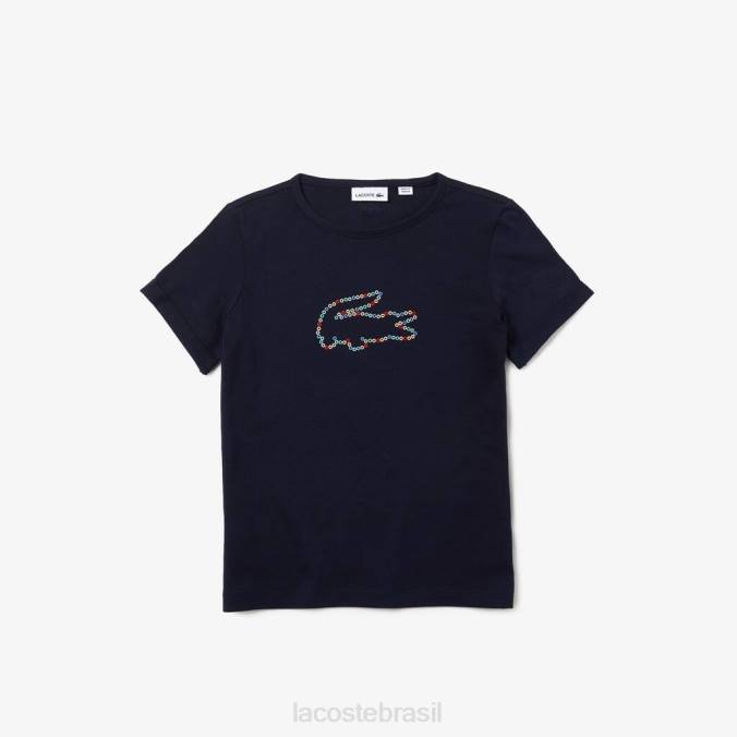 Lacoste crianças camiseta de algodão com gola redonda de crocodilo azul-marinho P2PX3175 roupas
