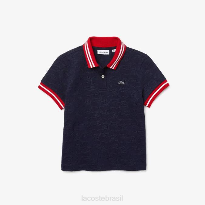 Lacoste crianças polo piquê com bordado de crocodilo azul marinho/vermelho/branco P2PX3164 roupas