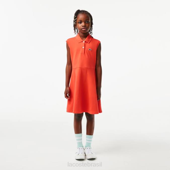Lacoste crianças vestido polo piquê stretch fit e flare laranja P2PX3078 roupas