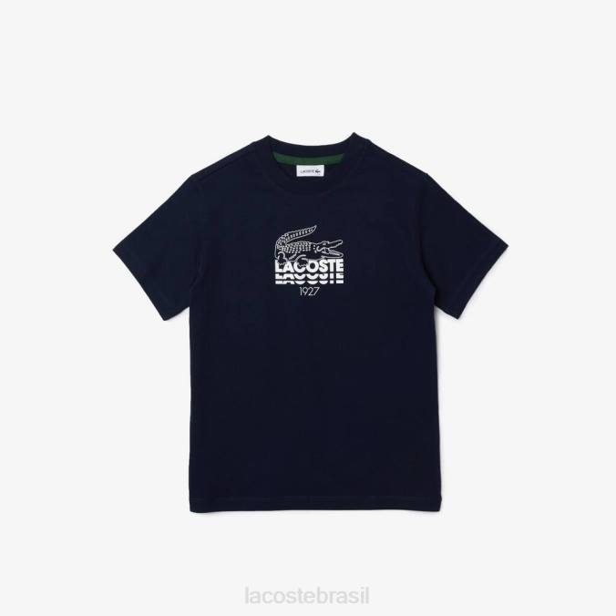 Lacoste crianças camiseta de algodão com letras de crocodilo e gola redonda azul-marinho P2PX3118 roupas