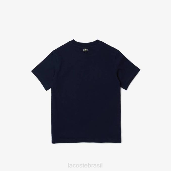 Lacoste crianças camiseta de algodão com letras de crocodilo e gola redonda azul-marinho P2PX3118 roupas