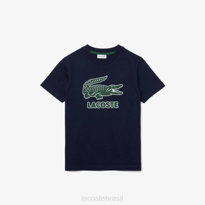 Lacoste crianças camiseta de algodão com logotipo vintage e gola redonda azul-marinho P2PX3152 roupas