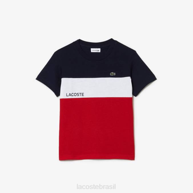 Lacoste crianças camiseta em jersey de algodão com color block azul marinho/branco/vermelho P2PX3180 roupas