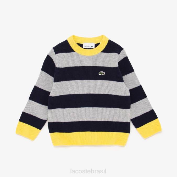 Lacoste crianças suéter de algodão listrado com gola contrastante chine cinza/azul marinho/amarelo P2PX3251 roupas