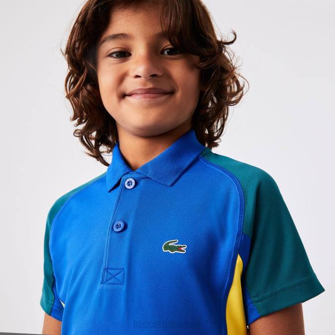 Lacoste crianças polo de tênis esportivo regular fit com detalhe de malha azul/verde/amarelo P2PX3169 roupas