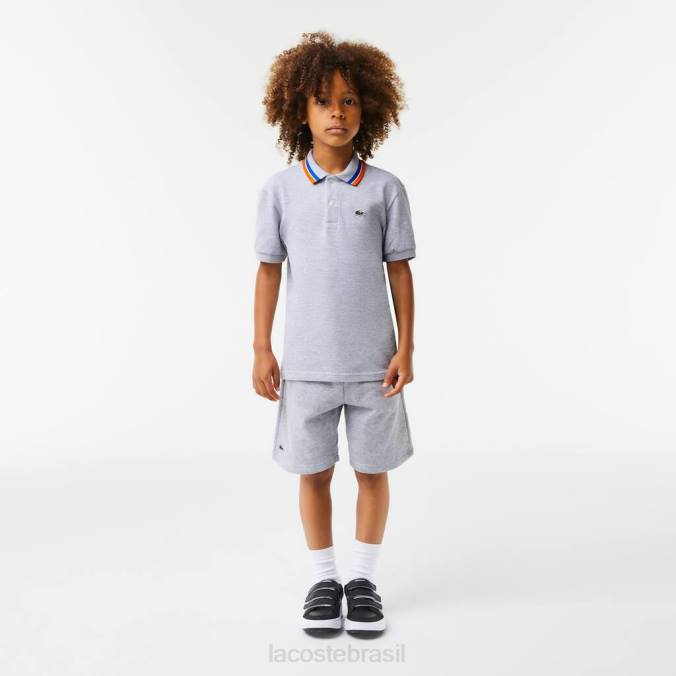 Lacoste crianças polo petit piquê de algodão com gola tricolor chine cinza/branco P2PX2953 roupas