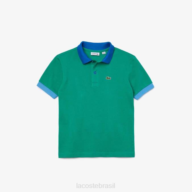 Lacoste crianças polo piquê de algodão com gola contrastante azul esverdeado P2PX2958 roupas