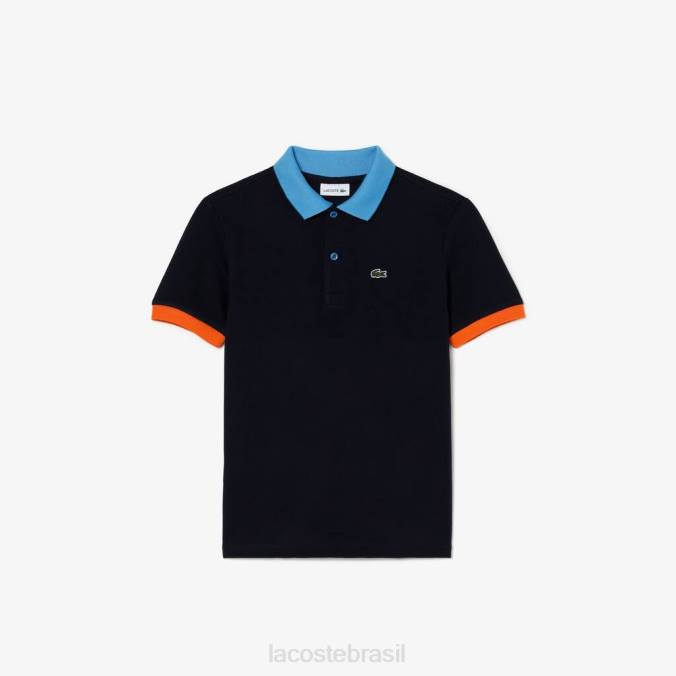 Lacoste crianças polo piquê de algodão com gola contrastante azul marinho/azul/laranja P2PX2959 roupas