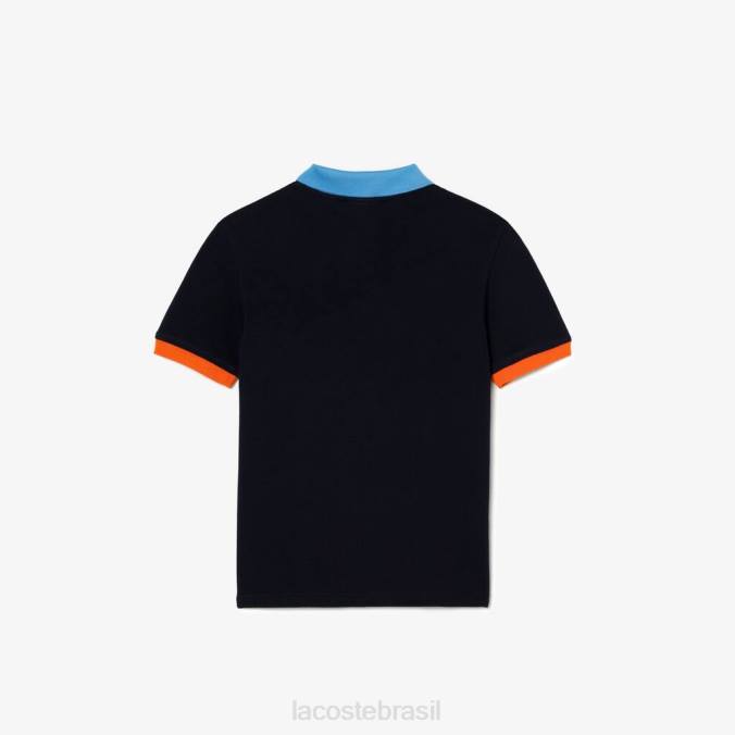 Lacoste crianças polo piquê de algodão com gola contrastante azul marinho/azul/laranja P2PX2959 roupas