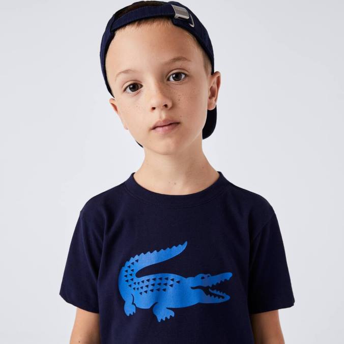 Lacoste crianças camisa técnica esportiva tênis camiseta crocodilo grande azul marinho/azul P2PX3121 roupas