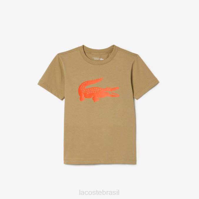 Lacoste crianças camisa técnica esportiva tênis camiseta crocodilo grande bege/laranja P2PX3018 roupas