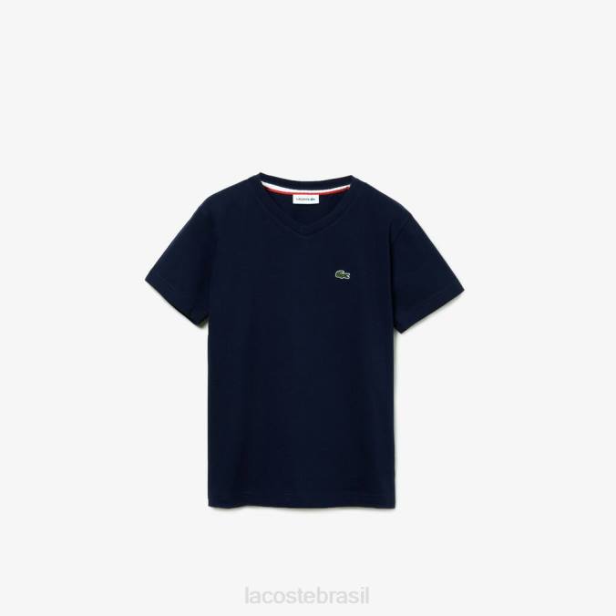 Lacoste crianças camiseta de algodão com decote em V azul-marinho P2PX3128 roupas