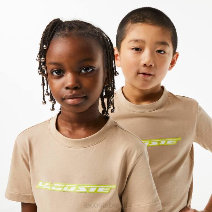 Lacoste crianças camiseta em jersey de algodão com marcação em contraste bege/amarelo P2PX3013 roupas