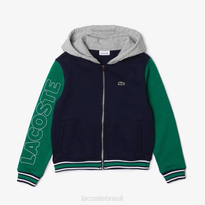 Lacoste crianças jaqueta esportiva de lã colorblock com capuz e herança azul marinho/cinza chine/verde/branco P2PX3267 roupas