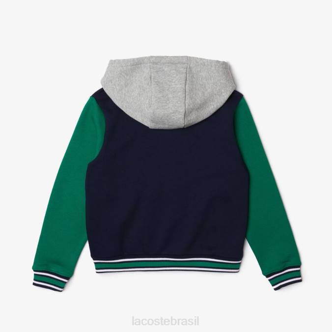 Lacoste crianças jaqueta esportiva de lã colorblock com capuz e herança azul marinho/cinza chine/verde/branco P2PX3267 roupas