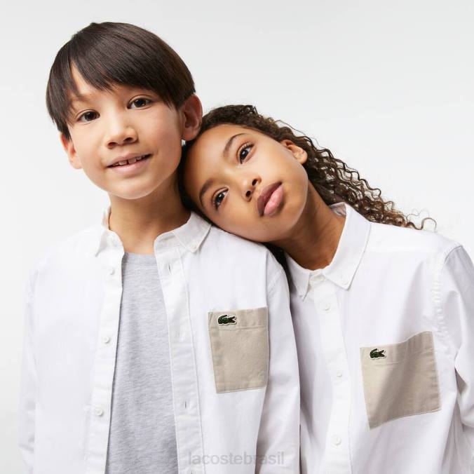 Lacoste crianças camisa de bolso contrastante branco/bege P2PX3080 roupas