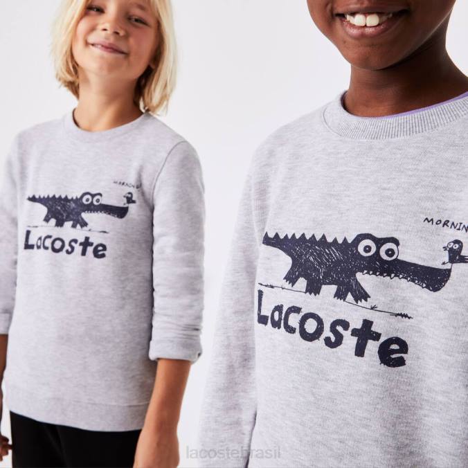 Lacoste crianças moletom com gola redonda e estampa de crocodilo chino cinza P2PX3230 roupas