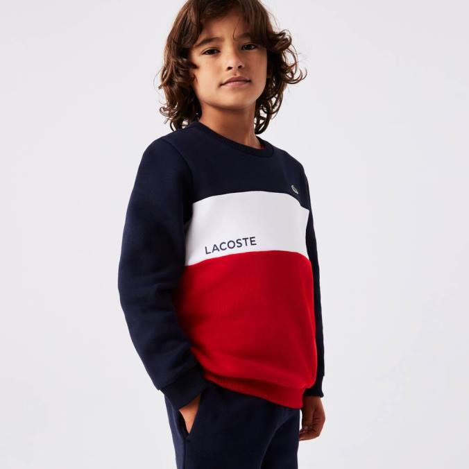 Lacoste crianças moletom de gola redonda de marca azul marinho/branco/vermelho P2PX3237 roupas