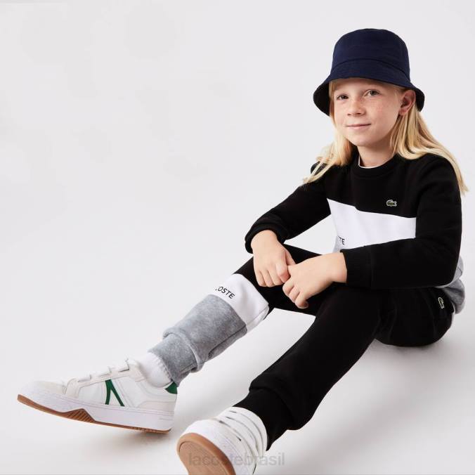Lacoste crianças moletom de gola redonda de marca chine preto/branco/cinza P2PX3236 roupas