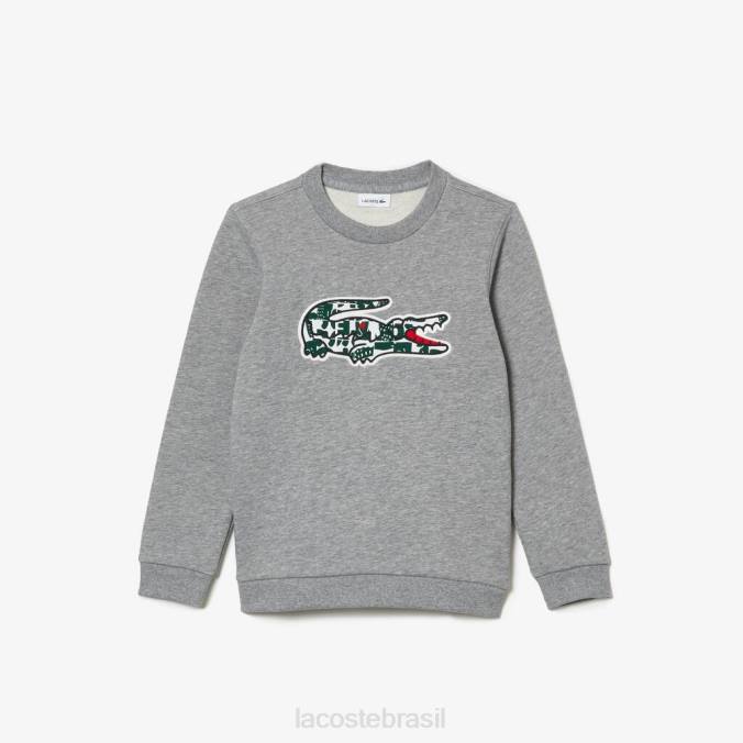 Lacoste crianças moletom de lã de algodão com gola redonda de crocodilo Heritage chine cinza/branco/verde P2PX3255 roupas