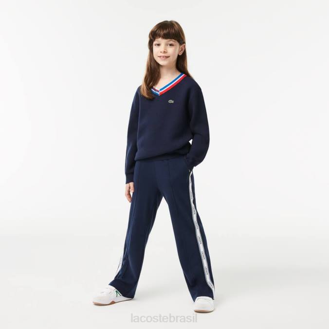 Lacoste crianças suéter de algodão com gola listrada contrastante azul marinho/branco P2PX3284 roupas