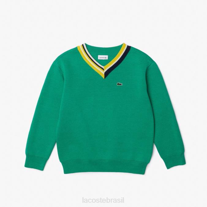 Lacoste crianças suéter de algodão com gola listrada contrastante verde branco P2PX3283 roupas