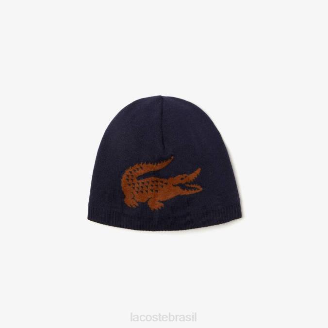 Lacoste homens gorro jacquard de lã de crocodilo azul marinho/marrom P2PX2309 acessórios
