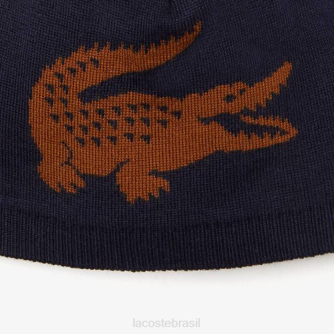 Lacoste homens gorro jacquard de lã de crocodilo azul marinho/marrom P2PX2309 acessórios