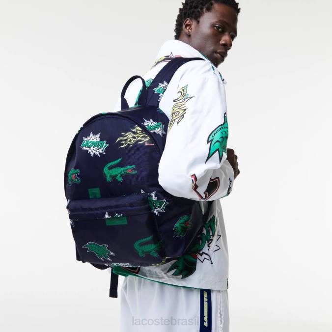 Lacoste homens mochila com estampa de quadrinhos crocodilo marinho 166 por todo o lado P2PX2096 bolsas e artigos de couro