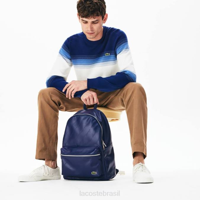 Lacoste homens mochila com zíper e estampa de assinatura ao vivo profundezas azuis P2PX2047 bolsas e artigos de couro