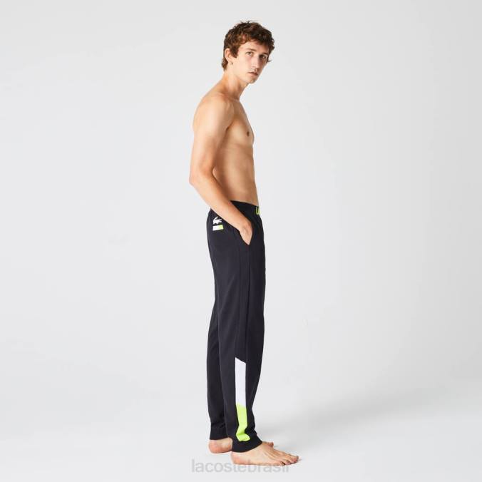 Lacoste homens calça de pijama de lã com logo grande cinza escuro/branco/amarelo P2PX1566 roupas