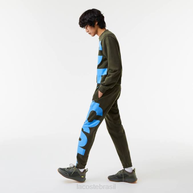 Lacoste homens calça esportiva de algodão com letras contrastantes verde cáqui P2PX1038 roupas