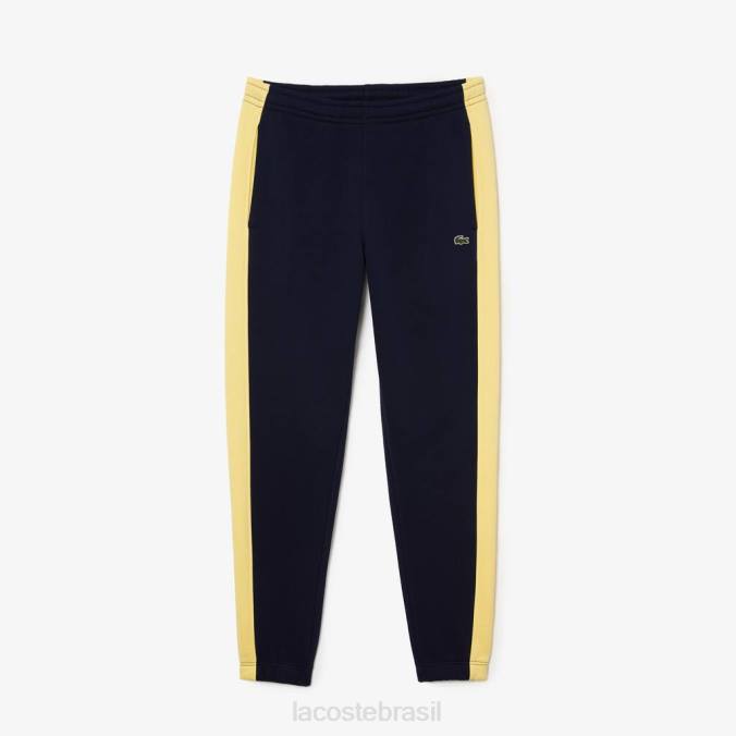 Lacoste homens calças de treino com faixas de contraste azul marinho/amarelo P2PX1059 roupas