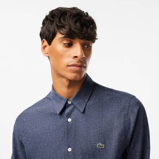 Lacoste homens camisa de cambraia de algodão slim fit Preto branco P2PX1519 roupas