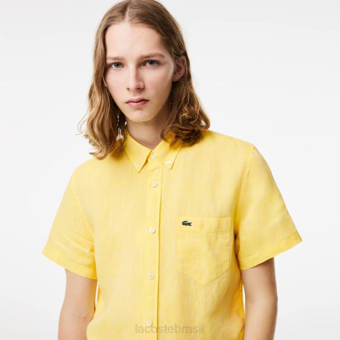 Lacoste homens camisa de linho manga curta amarelo P2PX496 roupas