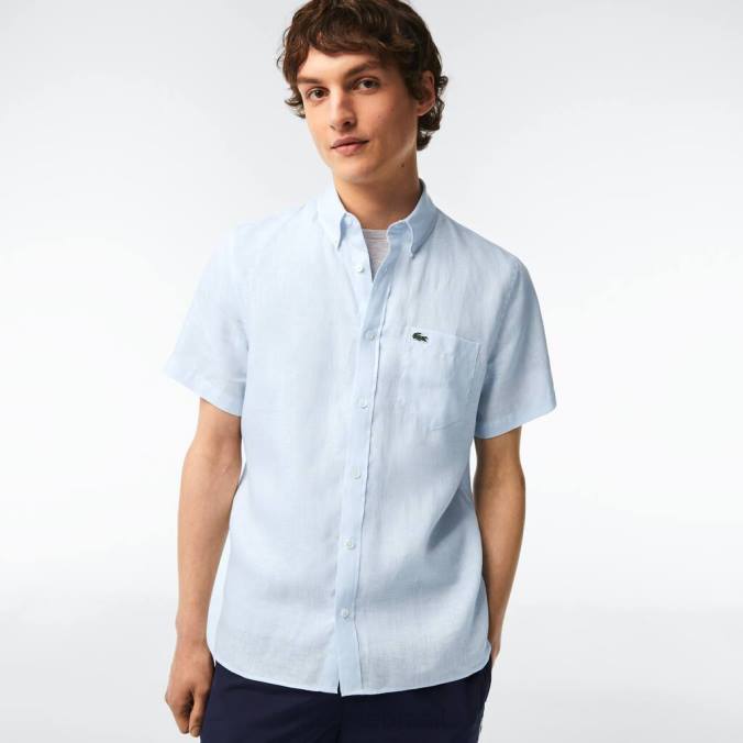 Lacoste homens camisa de linho manga curta azul claro P2PX488 roupas