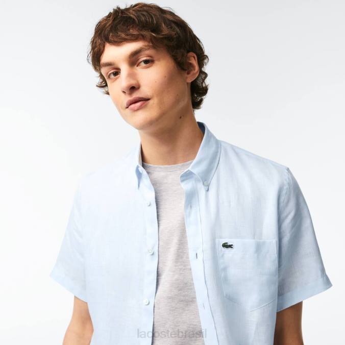 Lacoste homens camisa de linho manga curta azul claro P2PX488 roupas