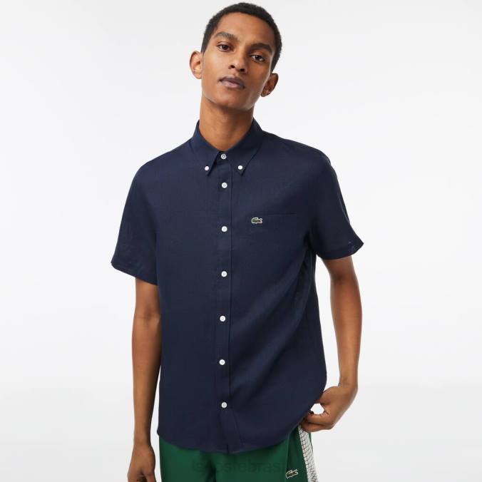 Lacoste homens camisa de linho manga curta azul-marinho P2PX491 roupas