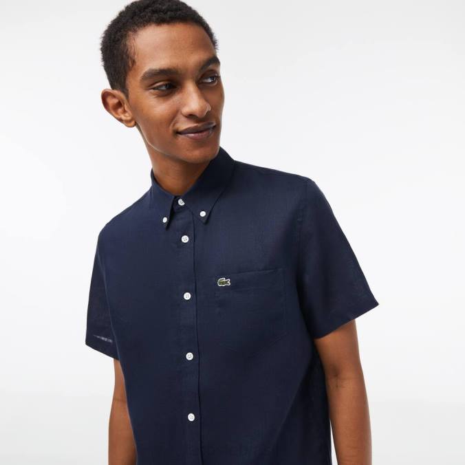 Lacoste homens camisa de linho manga curta azul-marinho P2PX491 roupas
