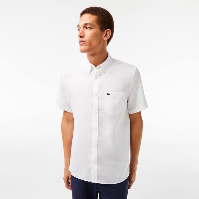 Lacoste homens camisa de linho manga curta branco P2PX490 roupas