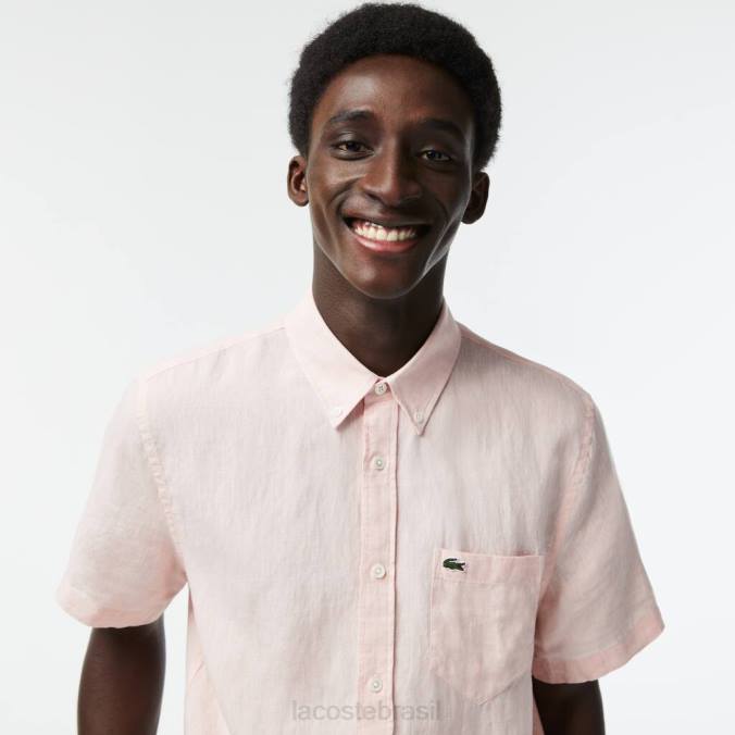 Lacoste homens camisa de linho manga curta luz rosa P2PX489 roupas