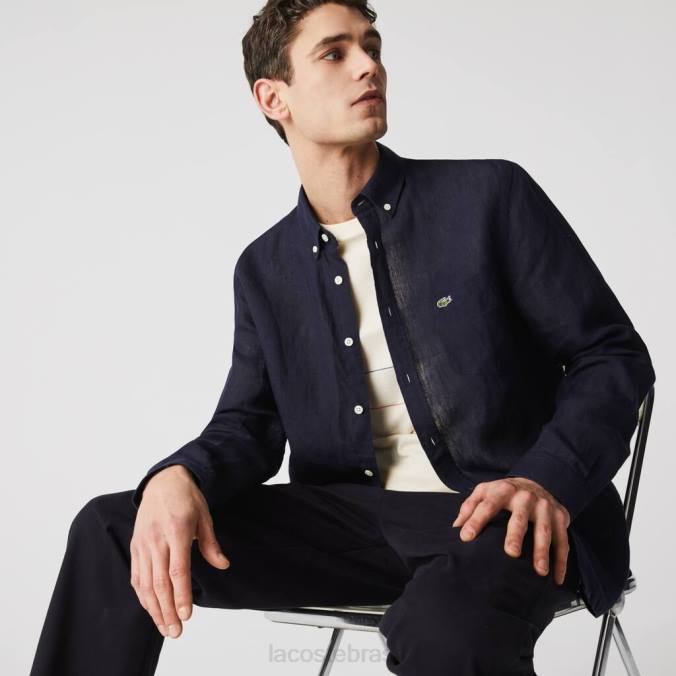 Lacoste homens camisa de linho regular azul-marinho P2PX1650 roupas