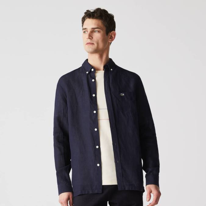 Lacoste homens camisa de linho regular azul-marinho P2PX1650 roupas