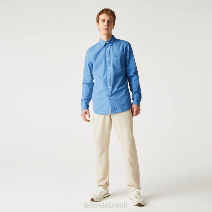 Lacoste homens camisa de popeline com mistura de algodão e ajuste regular azul P2PX1652 roupas