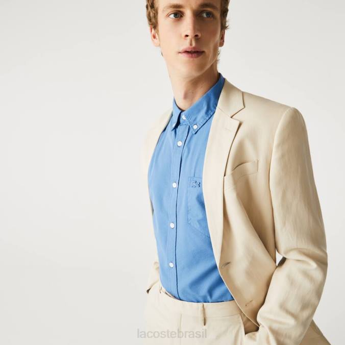 Lacoste homens camisa de popeline com mistura de algodão e ajuste regular azul P2PX1652 roupas
