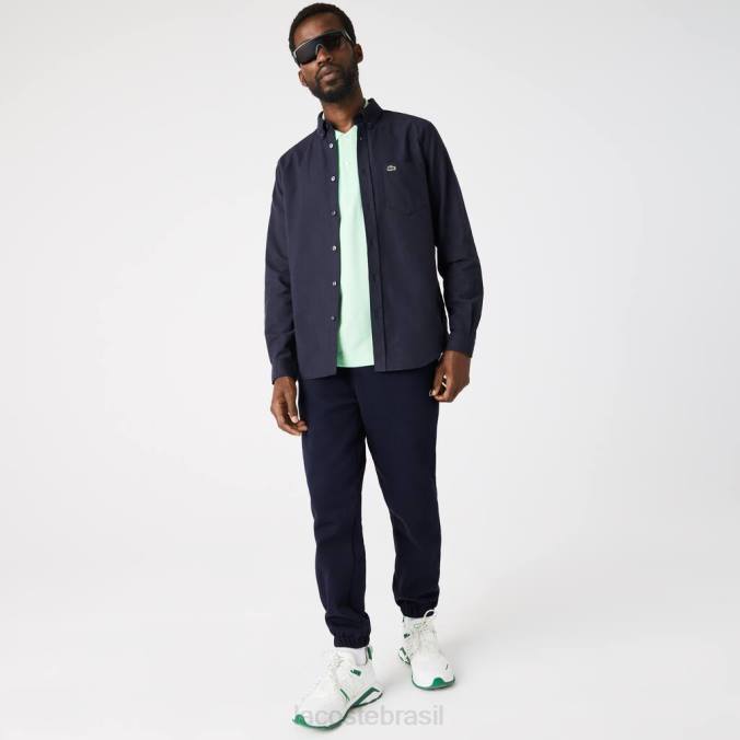 Lacoste homens camisa oxford de algodão com gola abotoada azul-marinho P2PX507 roupas
