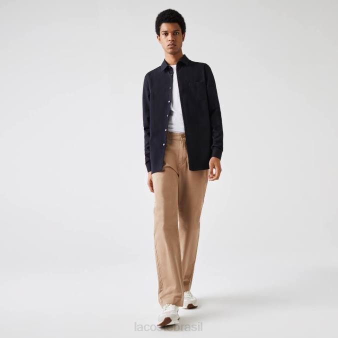 Lacoste homens camisa regular de popeline de algodão azul-marinho P2PX1613 roupas