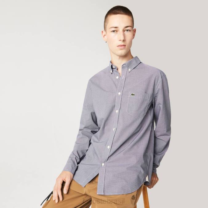 Lacoste homens camisa regular de popeline de algodão branco/azul marinho P2PX1485 roupas