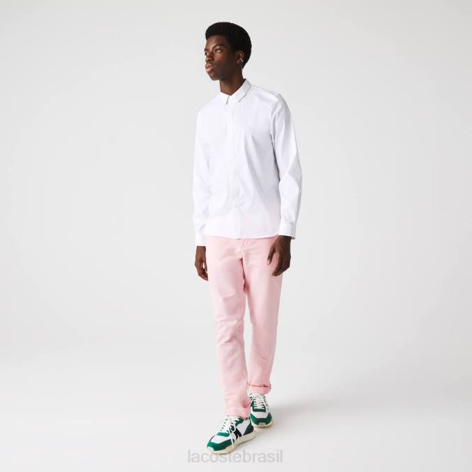 Lacoste homens camisa slim fit de popeline de algodão com carcela oculta e stretch branco P2PX1648 roupas